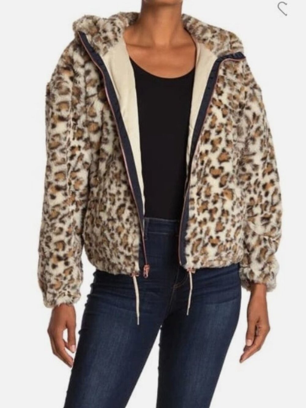 Lucky Brand Faux Fur Hooded Leopard Bomber Jacket Fluffy Cozy Maximalist Glam XL